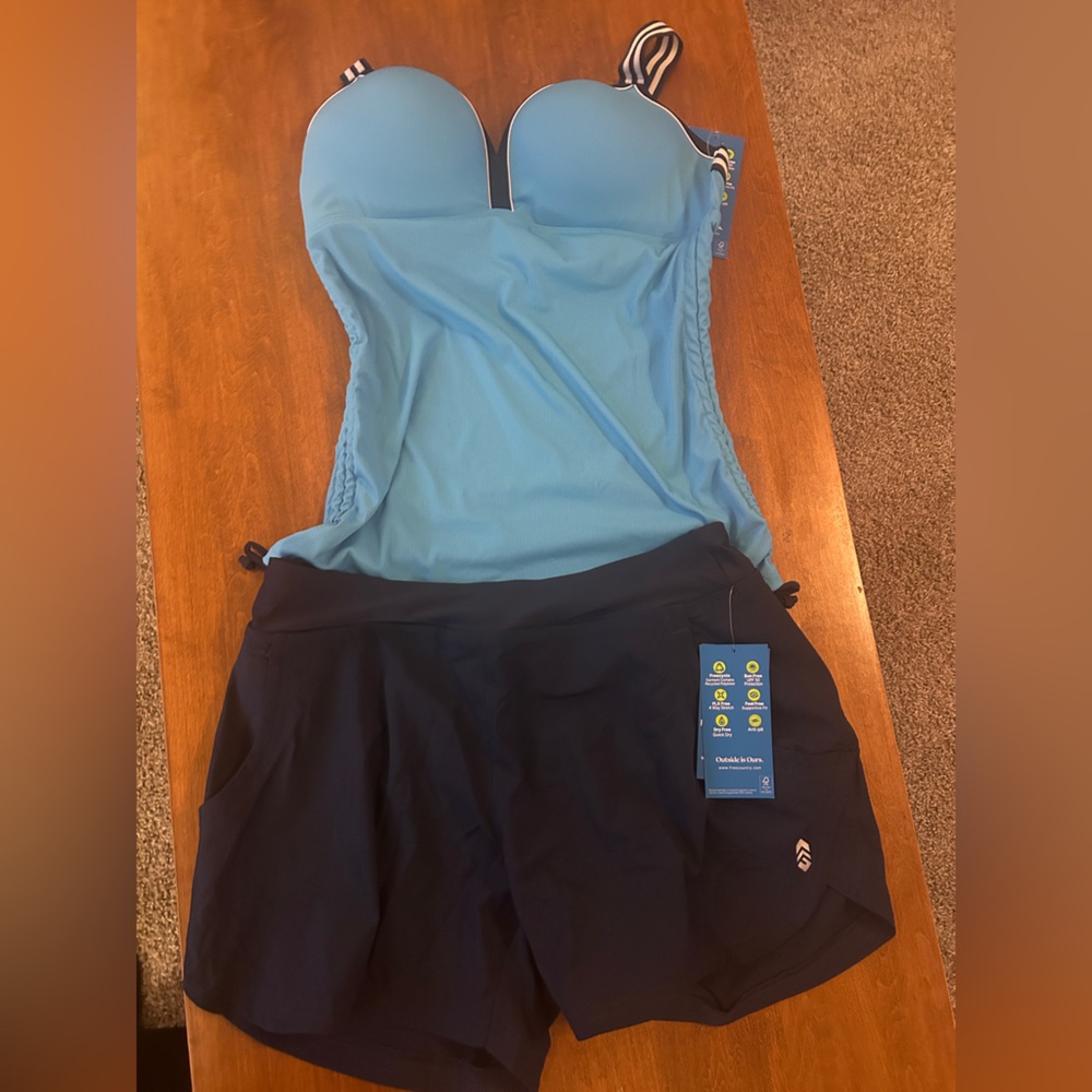 Free Country Navy and Light Blue tankini with Striped Strap Detail